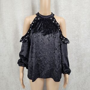 Desfios Black Crushed Velvet Velour Cold Shoulder Long Sleeve Top